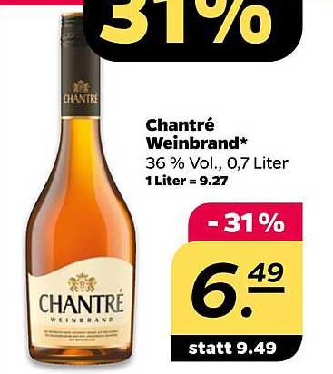 Chantré Weinbrand* 36 % Vol., 0,7 Liter 1 Liter = 9.27