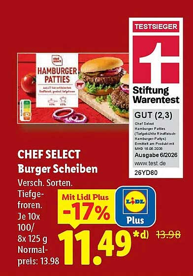 CHEF SELECT Burger Scheiben Versch. Sorten. Tiefgefroren. Je 10x 100/8x 125 g