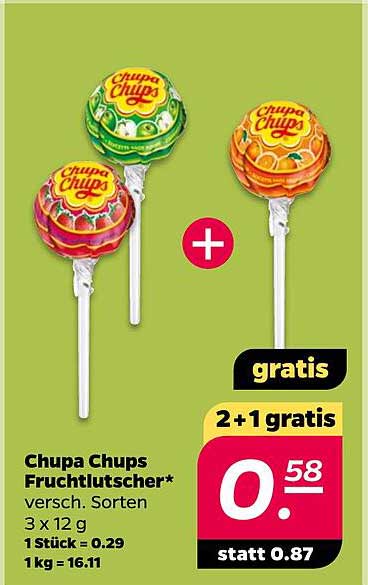 Chupa Chups Fruchtlutscher* versch. Sorten 3 x 12 g 1 Stück = 0.29 1 kg = 16.11 2+1 gratis gratis