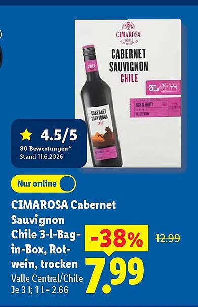 CIMAROSA Cabernet Sauvignon Chile 3-L-Bag-in-Box, Rotwein, trocken Valle Central/Chile Je 3 l; 1 l = 2,66