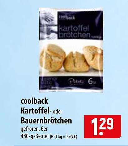 coolback Kartoffel- oder Bauernbrötchen gefroren, 6er 480-g-Beutel (1 kg = 2.69 €)