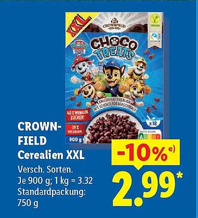 CROWN-FIELD Cerealien XXL Versch. Sorten. Je 900 g; 1 kg = 3.32 Standardpackung: 750 g
