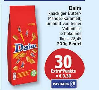 Daim knackiger Butter-Mandel-Karamell, umhüllt von feiner Vollmilchschokolade 1kg = 22,45 200g Beutel