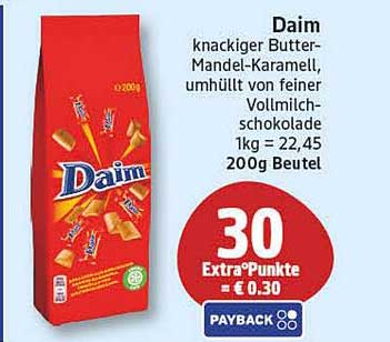 Daim knackiger Butter-Mandel-Karamell, umhüllt von feiner Vollmilchschokolade, 1kg = 22,45, 200g Beutel
