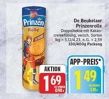 De Beukelaer Prinzenrolle Doppelkeks mit Kakaocremefüllung, versch. Sorten 1kg = 5,12/4,23, n. G. = 2,59 330/400g Packung