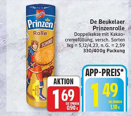 De Beukelaer Prinzenrolle Doppelkekse mit Kakaocremefüllung, versch. Sorten 1kg = 5,12/4,23, n.G. = 2,59 330/400g Packung