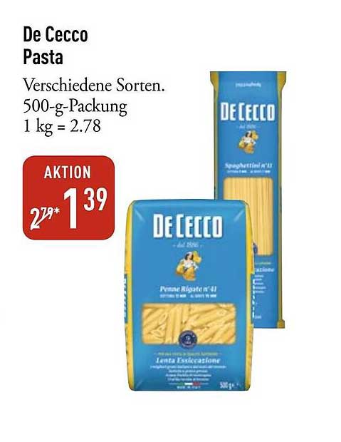 De Cecco Pasta Verschiedene Sorten. 500-g-Packung 1 kg = 2.78