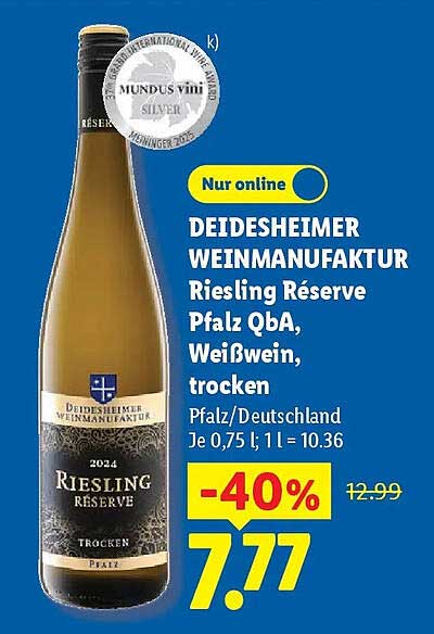 DEIDESHEIMER WEINMANUFAKTUR Riesling Réserve Pfalz QbA, Weißwein, trocken