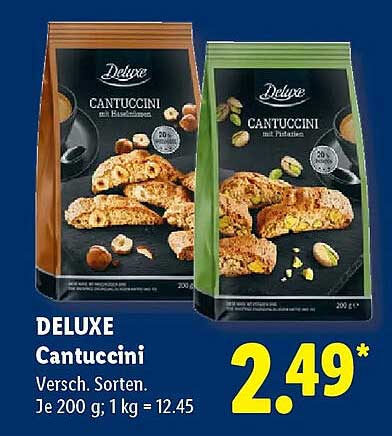 DELUXE Cantuccini Versch. Sorten. Je 200 g; 1 kg = 12.45