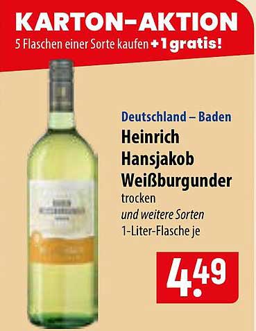 Deutschland – Baden Heinrich Hansjakob Weißburgunder trocken und weitere Sorten 1-Liter-Flasche je