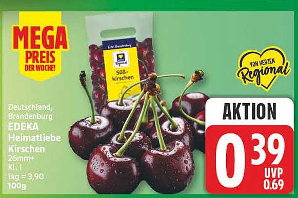 Deutschland, Brandenburg EDEKA Heimatliebe Kirschen 26mm+ Kl. I 1 kg = 3,90 100g