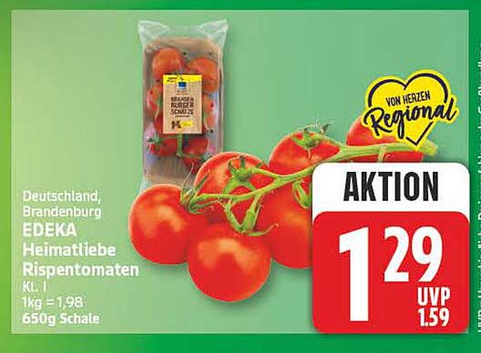 Deutschland, Brandenburg EDEKA Heimatliebe Rispentomaten KL. I 1kg = 1,98 650g Schale
