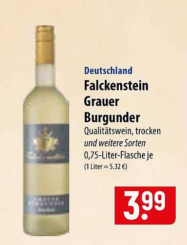 Deutschland Falckenstein Grauer Burgunder Qualitätswein, trocken und weitere Sorten 0,75-Liter-Flasche je (1 Liter = 5.32 €)