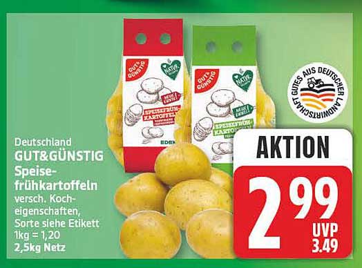 Deutschland GUT & GÜNSTIG Speise-frühkartoffeln versch. Kocheigenschaften, Sorte siehe Etikett 1kg = 1,20 2,5kg Netz