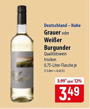 Deutschland – Nahe Grauer oder Weißer Burgunder Qualitätswein trocken 0,75-Liter-Flasche je (1 Liter = 4.65 €)