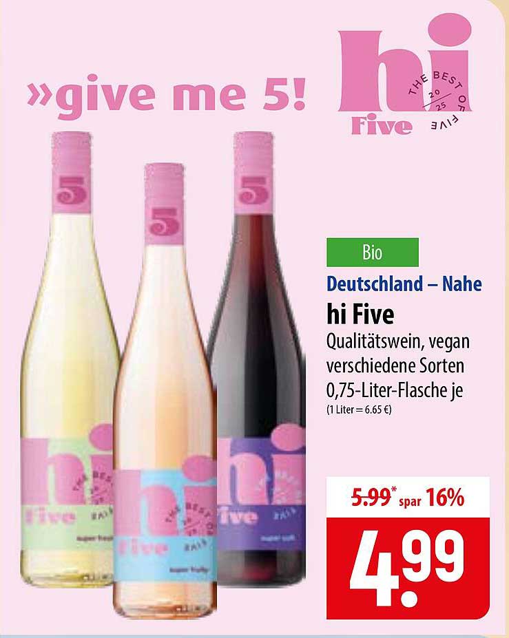 Deutschland – Nahe hi Five Qualitätswein, vegan verschiedene Sorten 0,75-Liter-Flasche je