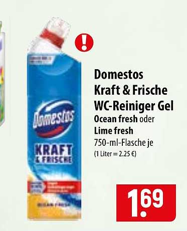 Domestos Kraft & Frische WC-Reiniger Gel Ocean fresh oder Lime fresh 750-ml-Flasche je (1 Liter = 2.25 €)