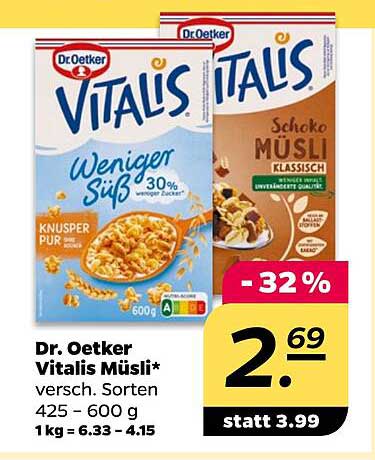 Dr. Oetker Vitalis Müsli* versch. Sorten 425 – 600 g 1 kg = 6.33 – 4.15