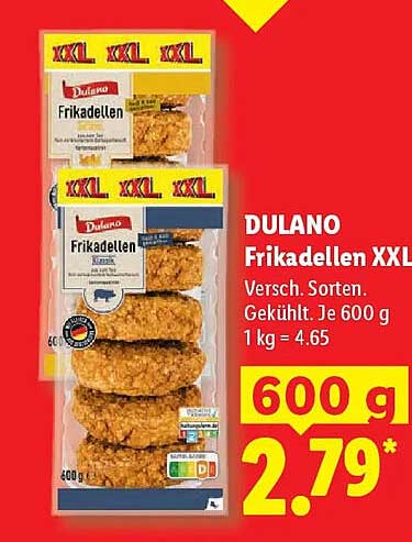 DULANO Frikadellen XXL Versch. Sorten. Gekühlt. Je 600 g 1 kg = 4.65