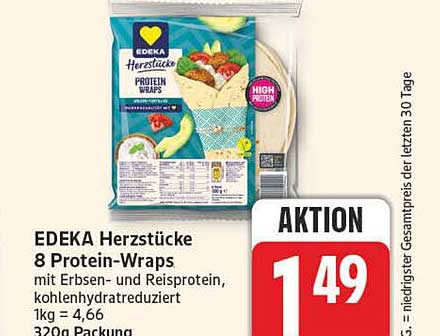 EDEKA Herzstücke 8 Protein-Wraps mit Erbsen- und Reisprotein, kohlenhydratreduziert 1kg = 4,66 320g Packung