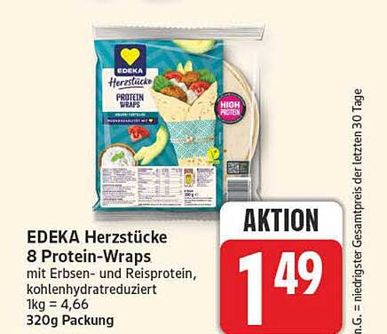 EDEKA Herzstücke 8 Protein-Wraps mit Erbsen- und Reisprotein, kohlenhydratreduziert 1kg = 4,66 320g Packung
