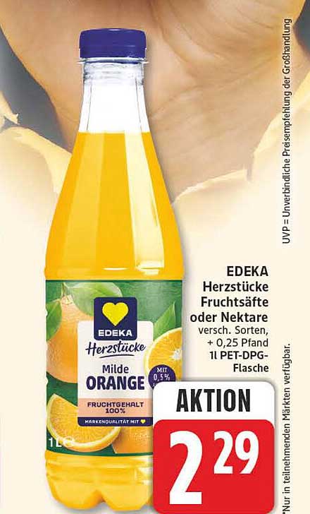 EDEKA Herzstücke Fruchtsäfte oder Nektare versch. Sorten, + 0,25 Pfand, 1l PET-DPG-Flasche