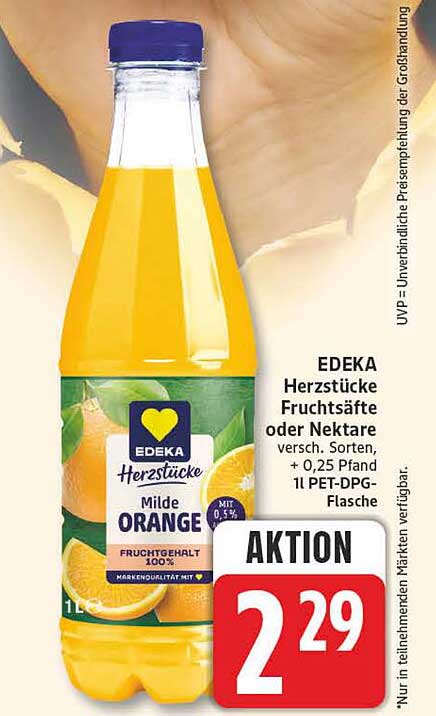 EDEKA Herzstücke Fruchtsäfte oder Nektare versch. Sorten, + 0,25 Pfand lt PET-DPG-Flasche