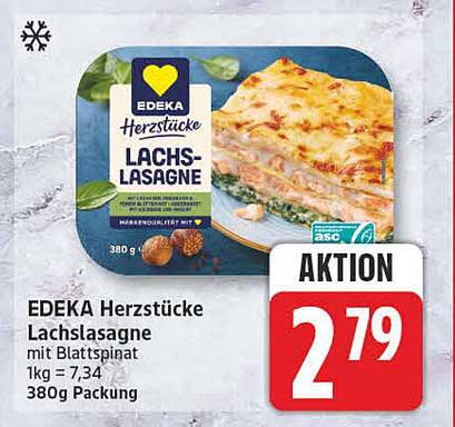 EDEKA Herzstücke Lachs-Lasagne mit Blattspinat 1 kg = 7,34 380g Packung AKTION