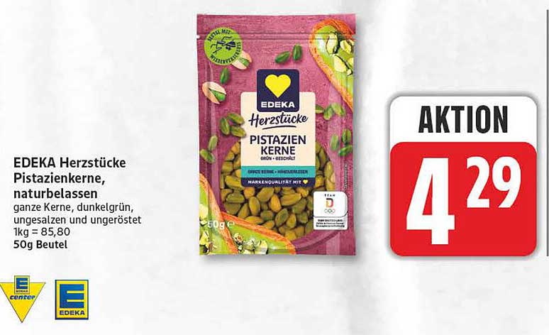 EDEKA Herzstücke Pistazienkerne, naturbelassen ganze Kerne, dunkelgrün, ungesalzen und ungeröstet 1kg = 85,80 50g Beutel