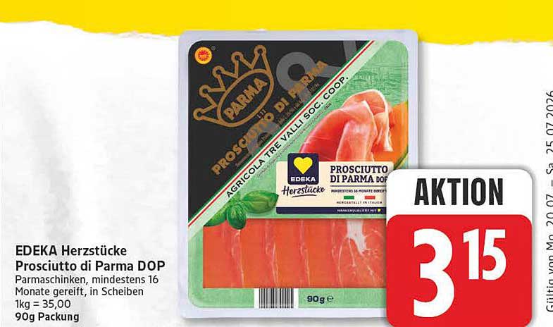 EDEKA Herzstücke Prosciutto di Parma DOP Parmaschinken, mindestens 16 Monate gereift, in Scheiben 1kg = 35,00 90g Packung