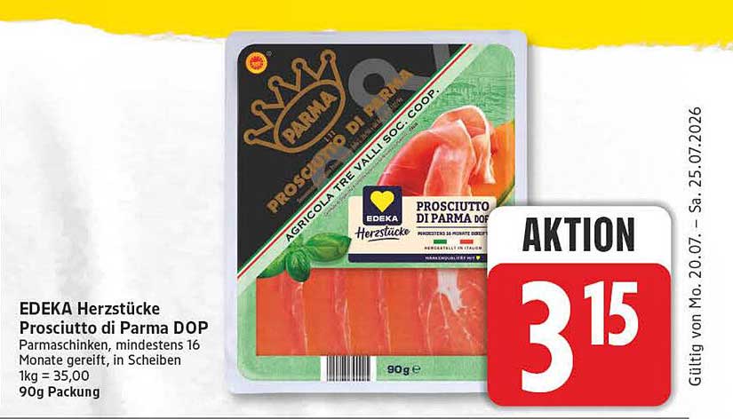 EDEKA Herzstücke Prosciutto di Parma DOP Parmaschinken, mindestens 16 Monate gereift, in Scheiben 1kg = 35,00 90g Packung