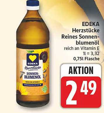 EDEKA Herzstücke Reines Sonnenblumenöl reich an Vitamin E 1l = 3,32 0,75l Flasche AKTION