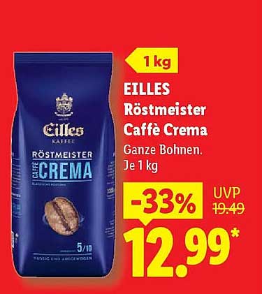 EILLES Röstmeister Caffé Crema Ganze Bohnen. Je 1 kg