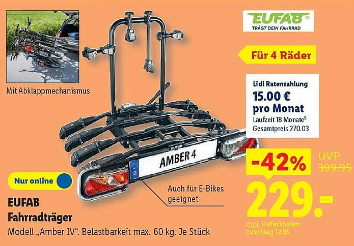 EUFAB Fahrradträger Modell „Amber IV“, Belastbarkeit max. 60 kg. Je Stück