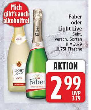 Faber oder Light Live Sekt, versch. Sorten, 1 l = 3.99, 0,75 l Flasche