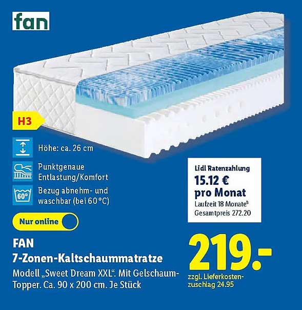 FAN 7-Zonen-Kaltschaummatratze Modell „Sweet Dream XXL“. Mit Gelschaum-Topper. Ca. 90 x 200 cm. Je Stück