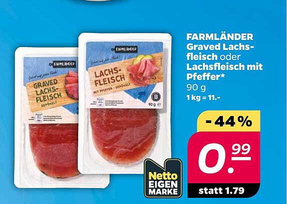 FARMLÄNDER Graved Lachs-fleisch oder Lachsfleisch mit Pfeffer* 90 g 1kg = 11.-