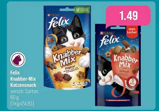 Felix Knabber-Mix Katzensnack versch. Sorten, 60 g (1kg=24.83)