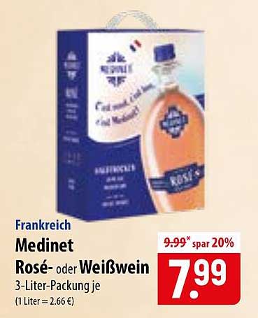 Frankreich Medinet Rosé- oder Weißwein 3-Liter-Packung je