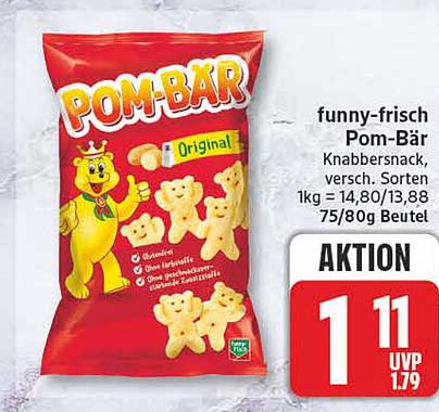 funny-frisch Pom-Bär Knabbersnack, versch. Sorten 1kg = 14,80/13,88 75/80g Beutel