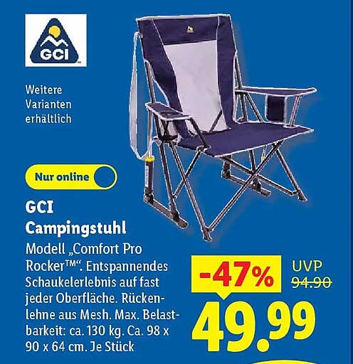 GCI Campingstuhl Modell „Comfort Pro Rocker™“, Entspannendes Schaukelerlebnis auf fast jeder Oberfläche. Rückenlehne aus Mesh. Max. Belastbarkeit: ca. 130 kg. Ca. 98 x 90 x 64 cm. Je Stück