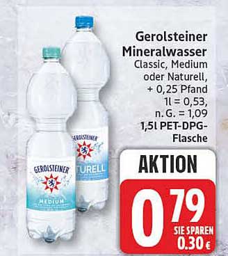 Gerolsteiner Mineralwasser Classic, Medium oder Naturell, + 0,25 Pfand 1l = 0,53, n. G. = 1,09, 1,5l PET-DPG-Flasche