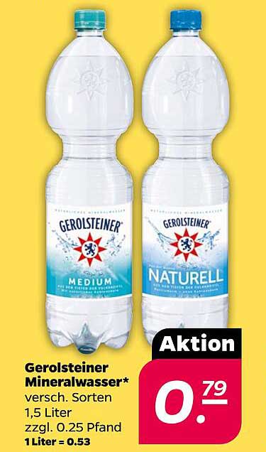 Gerolsteiner Mineralwasser* versch. Sorten 1,5 Liter zzgl. 0.25 Pfand 1 Liter = 0.53