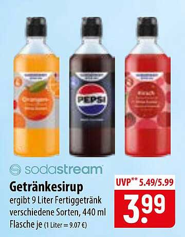 Getränkesirup ergibt 9 Liter Fertiggetränk verschiedene Sorten, 440 ml Flasche je