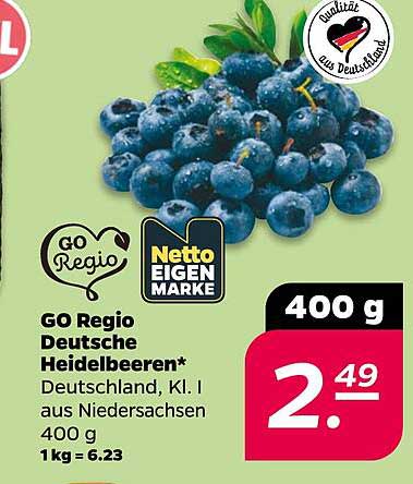 Go Regio Deutsche Heidelbeeren* Deutschland, Kl. I aus Niedersachsen 400 g 1 kg = 6.23