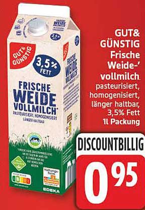 GUT & GÜNSTIG Frische Weidevollmilch, pasteurisiert, homogenisiert, länger haltbar, 3,5% Fett, 1 l Packung