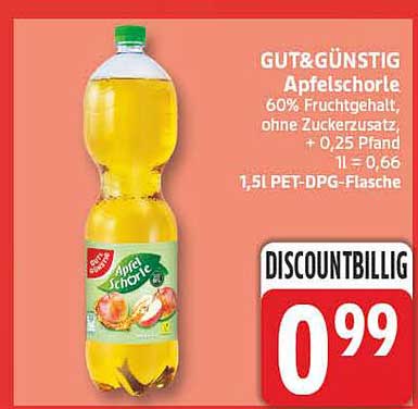 GUT&GÜNSTIG Apfelschorle 60% Fruchtgehalt, ohne Zuckerzusatz, + 0,25 Pfand 1l = 0,66 1,5l PET-DPG-Flasche