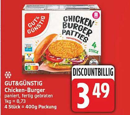 GUT&GÜNSTIG Chicken-Burger paniert, fertig gebraten 1kg = 8,73 4 Stück = 400g Packung