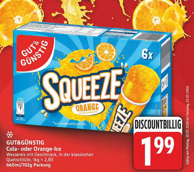 GUT&GÜNSTIG Cola- oder Orange-Ice Wassereis mit Geschmack, in der klassischen Quetschüte, 1kg = 2,83 660ml/702g Packung