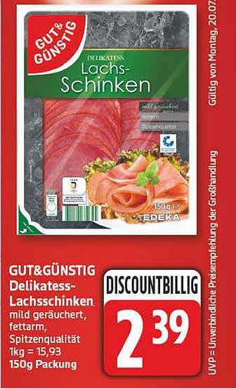 GUT&GÜNSTIG Delikatess-Lachsschinken, mild geräuchert, fettarm, Spitzenqualität 1kg = 15,93 150g Packung